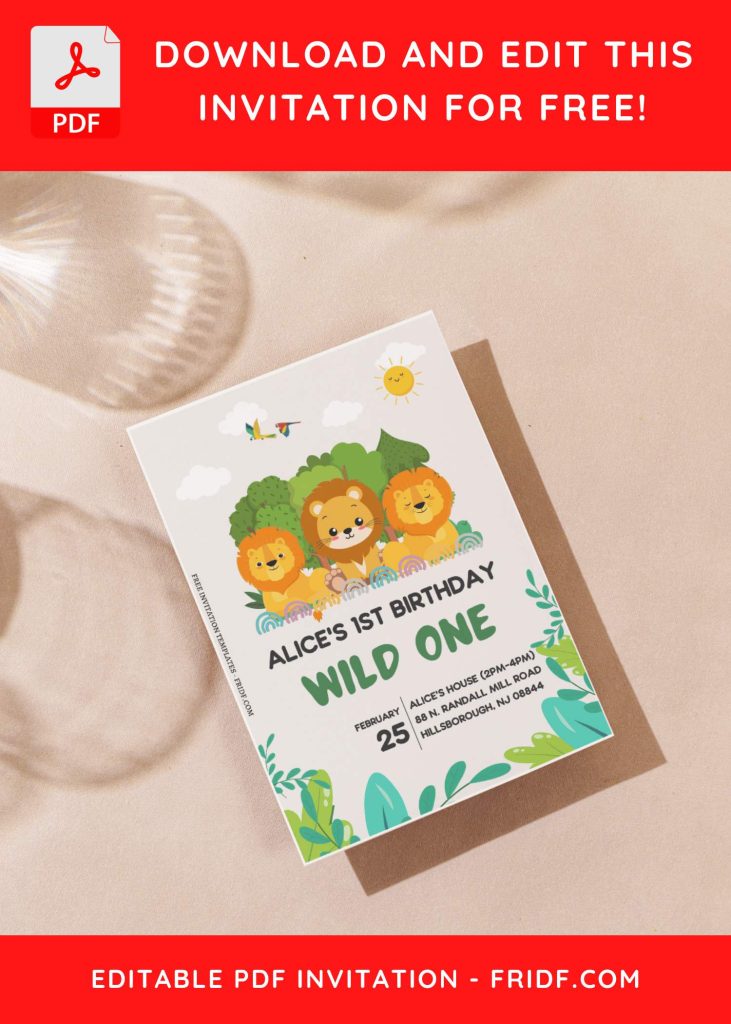 (Free Editable PDF) Wild One Lion First Birthday Invitation Templates ...