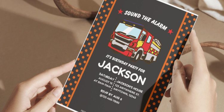 (Free Editable PDF) Awesome Fire Fighter Birthday Invitation Templates with adorable hand drawn firetruck