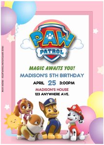 (Free Editable PDF) Puppy Power PAW Patrol Birthday Invitation Templates with pink background