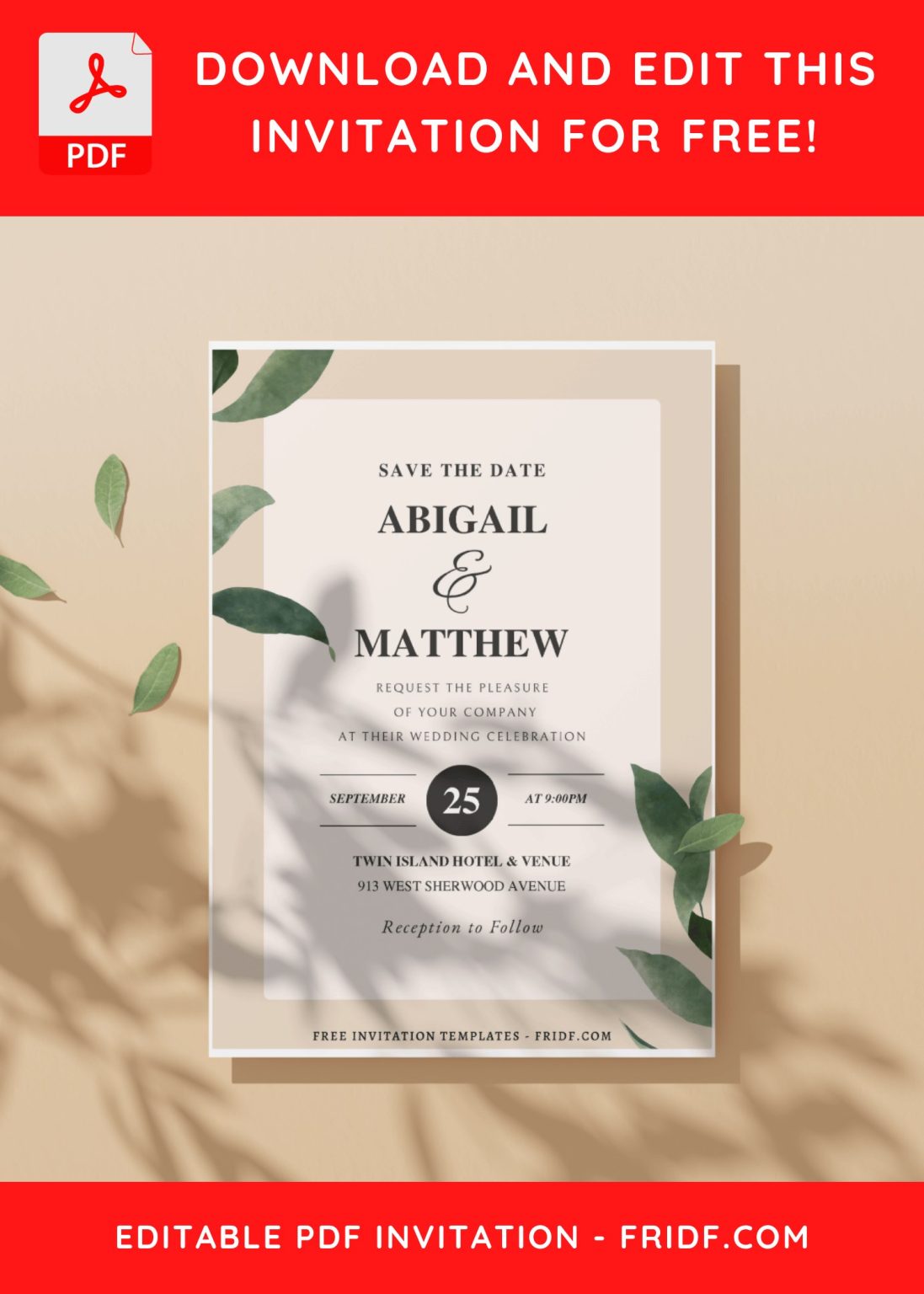 (Free Editable PDF) Minimalist Foliage Wedding Invitation Templates ...