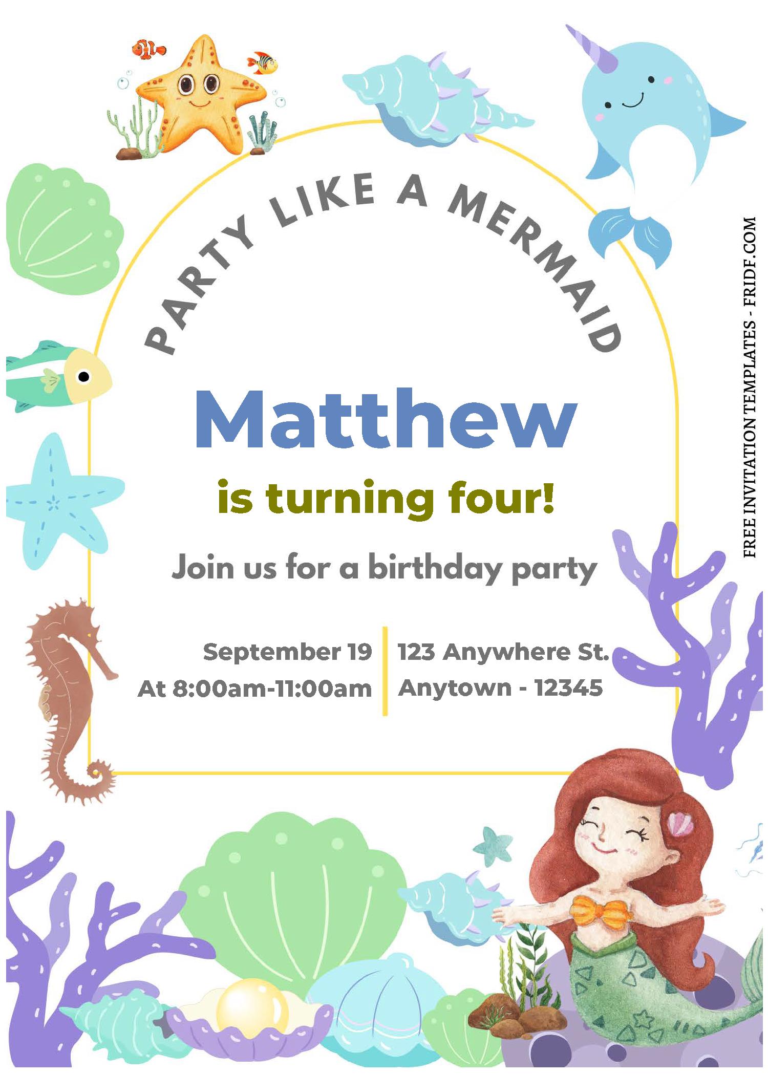 (Free Editable PDF) Party Like A Mermaid Kids Birthday Invitation ...