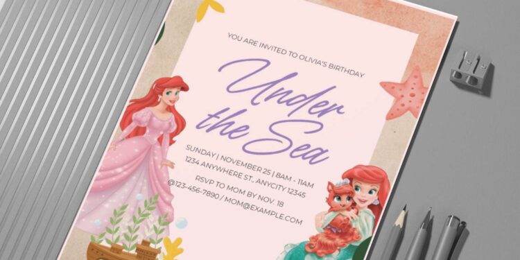 (Free Editable PDF) Adorable Sea Princess Ariel Little Mermaid Birthday Invitation
