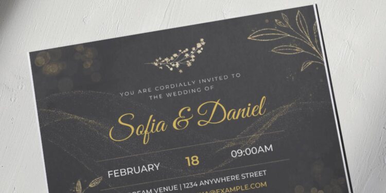 (Free Editable PDF) Romantic Glitter Gold Floral Wedding Invitation Templates