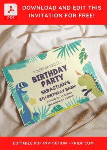 (Free Editable PDF) Colorful Greenery Dinosaur Birthday Invitation Templates I