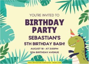 (Free Editable PDF) Colorful Greenery Dinosaur Birthday Invitation Templates J