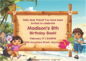 (Free Editable PDF) Beach Party With Dora & Friends Birthday Invitation Templates B