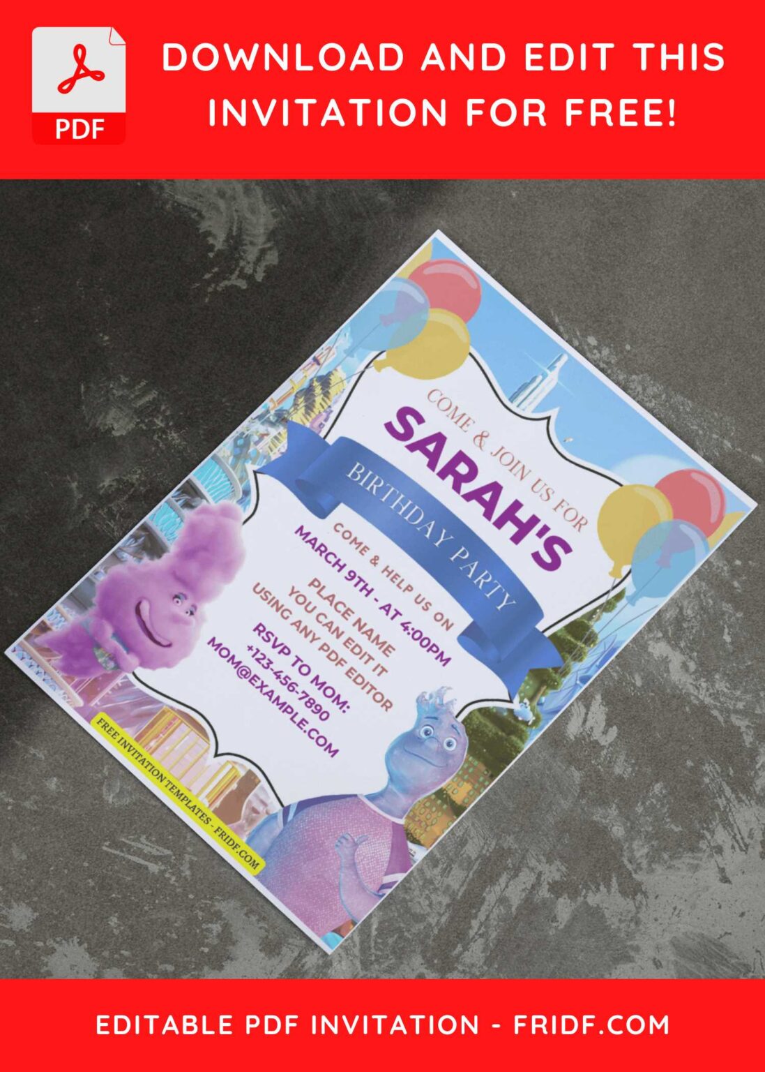 (Free Editable PDF) Festive Disney Elemental Birthday Invitation ...