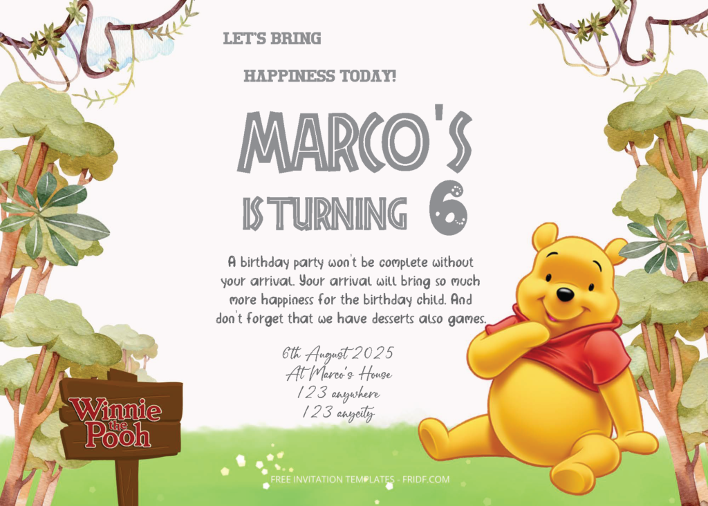 Free Editable PDF - Jungle Winnie The Pooh Birthday Invitation ...