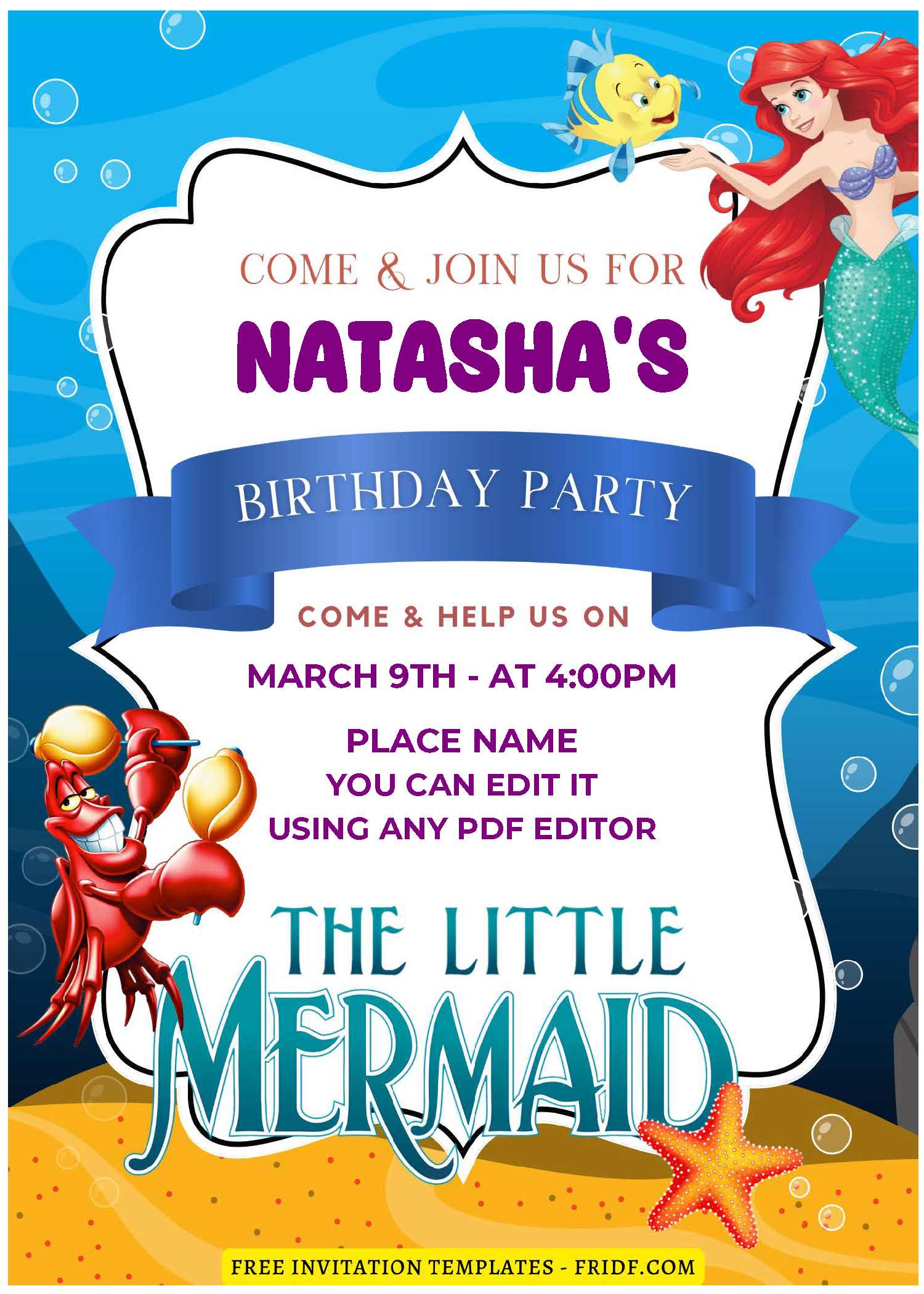 (Free Editable PDF) The Little Mermaid Movie Birthday Invitation ...