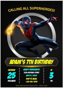 (Free Editable PDF) Mighty Spiderman Miles Morales Birthday Invitation Templates F