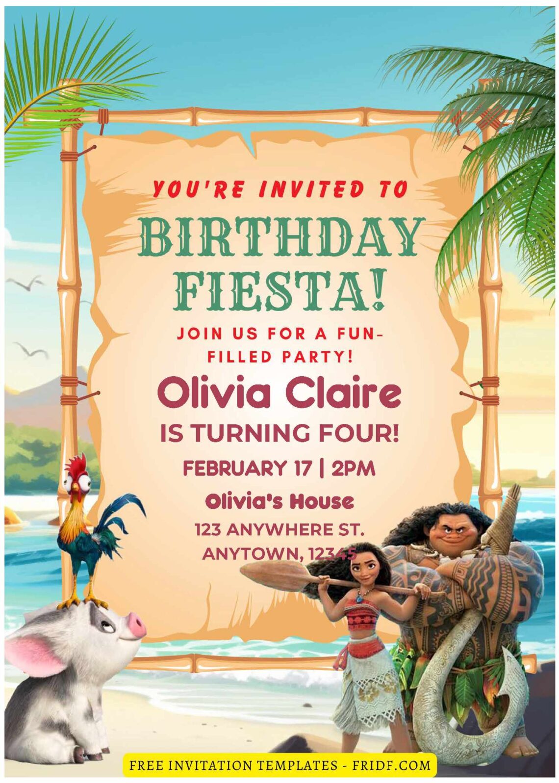 (Free Editable PDF) Summer Fiesta With Moana Birthday Invitation ...