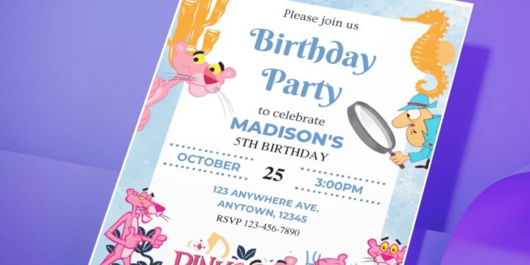 (Free PDF Invitation) Cutely Decorated Pink Panther Birthday Invitation