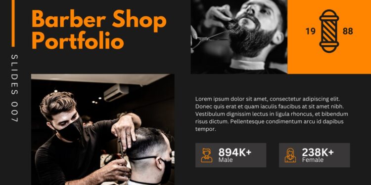 (Free Canva Template) Upscale Barbershop Business PPT Slides Templates