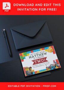 Lego Action Figure Birthday Invitation with red ribbon