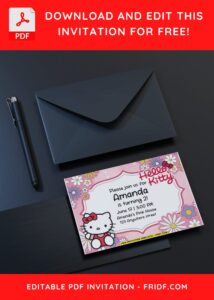 Blossoming Hello Kitty Floral Birthday Invitation with cute hand writing font style