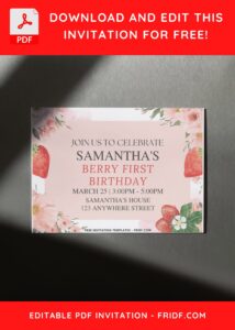 Watercolor Berry Sweet Birthday Invitation with Watercolor pink strawberry