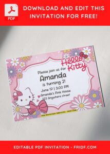 Blossoming Hello Kitty Floral Birthday Invitation with Adorable Hello Kitty and her pink ribbon