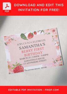 Watercolor Berry Sweet Birthday Invitation with floral border