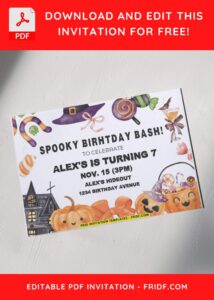 Kids Invitation with witch hat, candy cane and spider