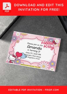 Blossoming Hello Kitty Floral Birthday Invitation with Cute Pink Heart Shaped Balloons