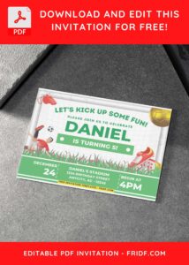 Football theme birthday invitation with player doing bicycle kick