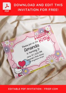 Blossoming Hello Kitty Floral Birthday Invitation with Hello Kitty balloons