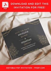 Black And Gold Floral Wedding Invitation with Gold Leaves