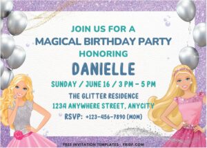 Barbie Glitter Dream Birthday Invitation with Silver Balloons