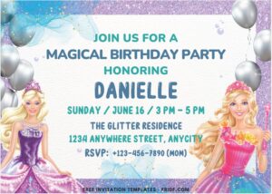 Barbie Glitter Dream Birthday Invitation with Beautiful Barbie in sparkling dress