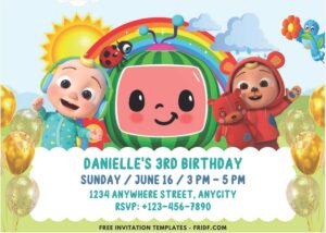 Cocomelon Rainbow & Butterfly Birthday Invitation with Watermelon TV