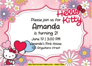 Blossoming Hello Kitty Floral Birthday Invitation with Pink Background