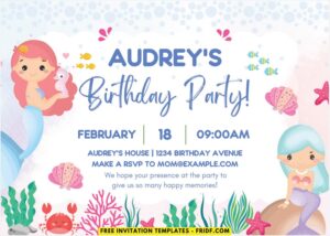 Beautiful Watercolor Mermaid Birthday Invitation light blue ocean background