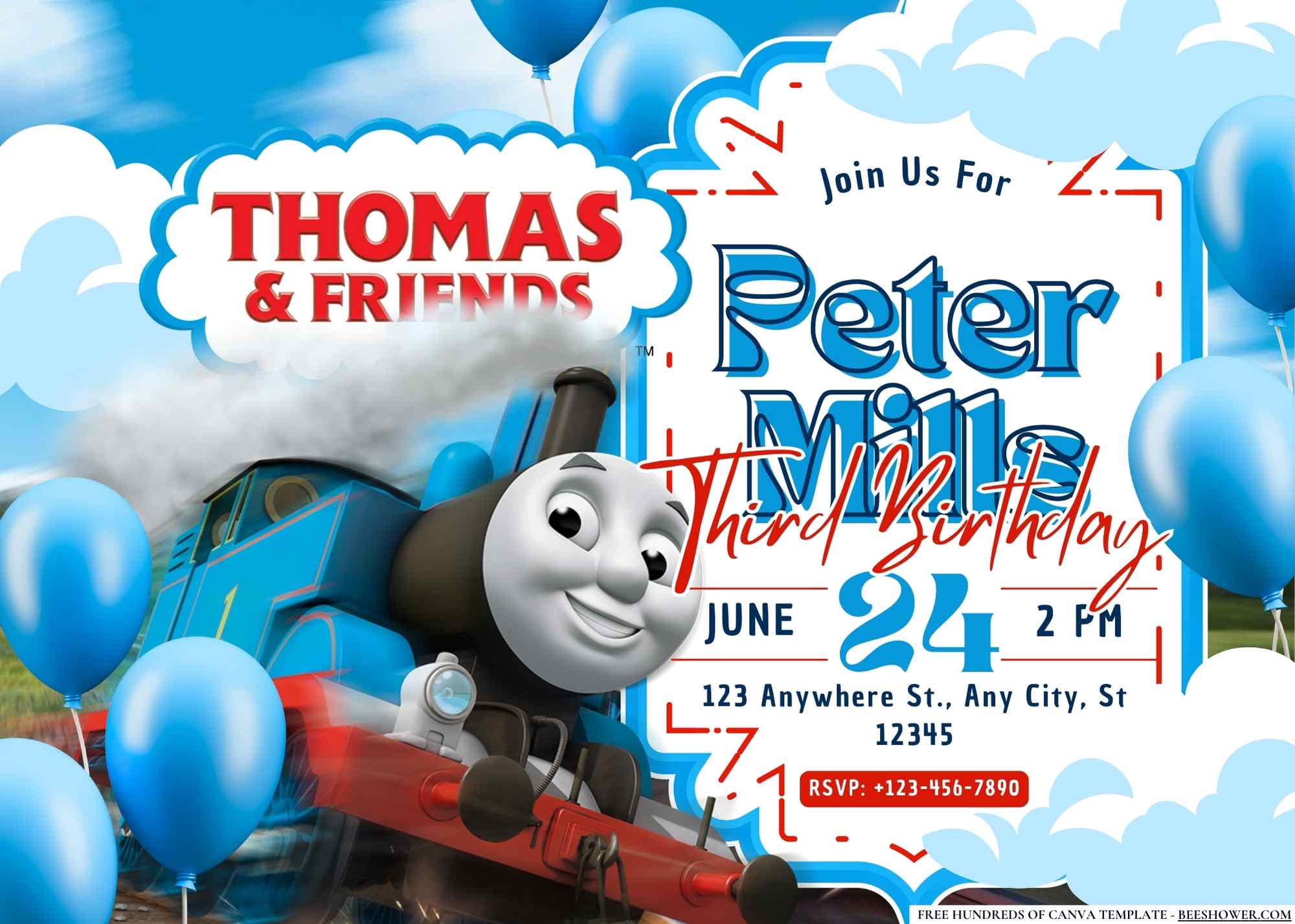 FREE Canva Invitation Thomas The Train Birthday Invitation