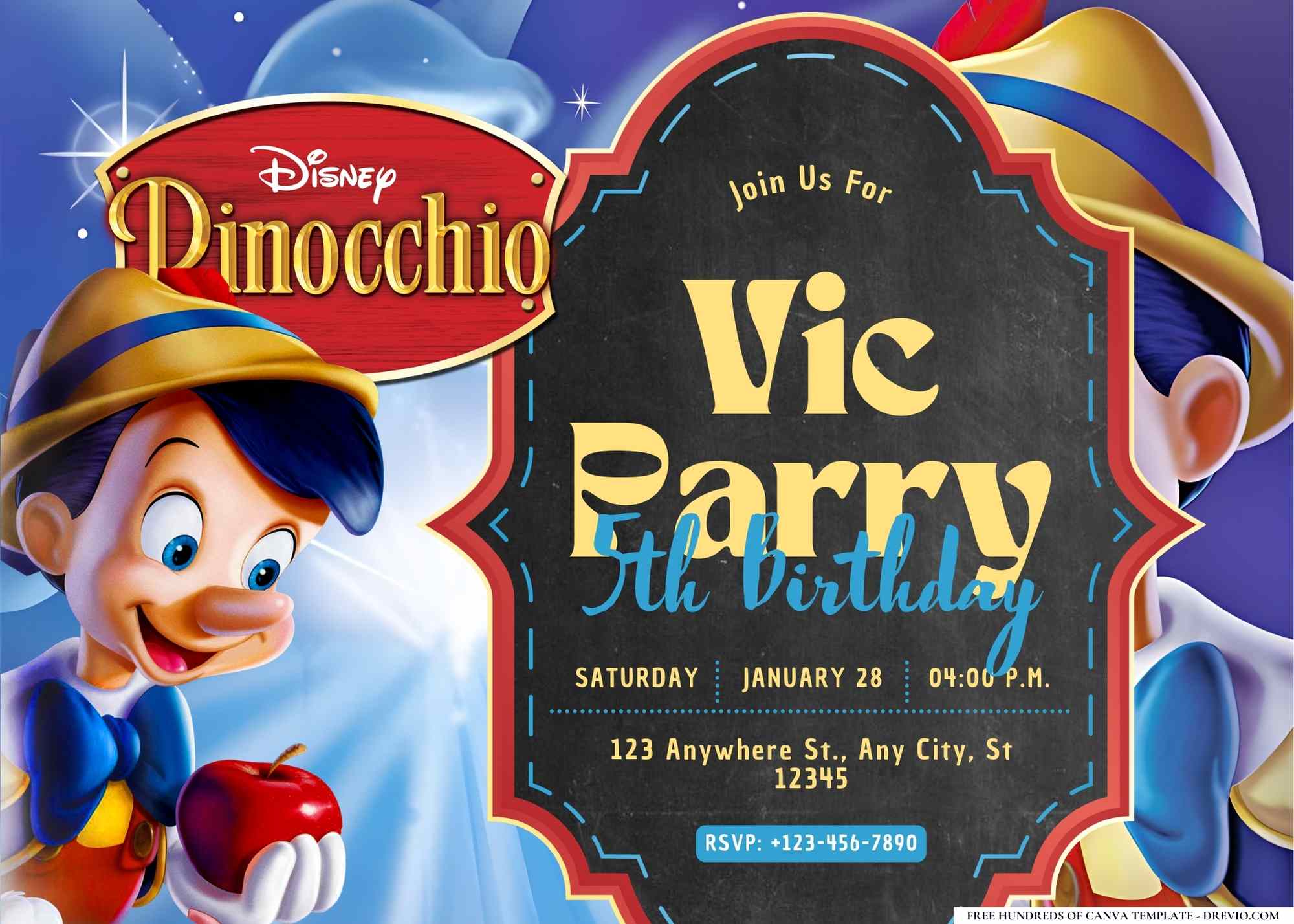 Pinocchio Birthday Party Invitations