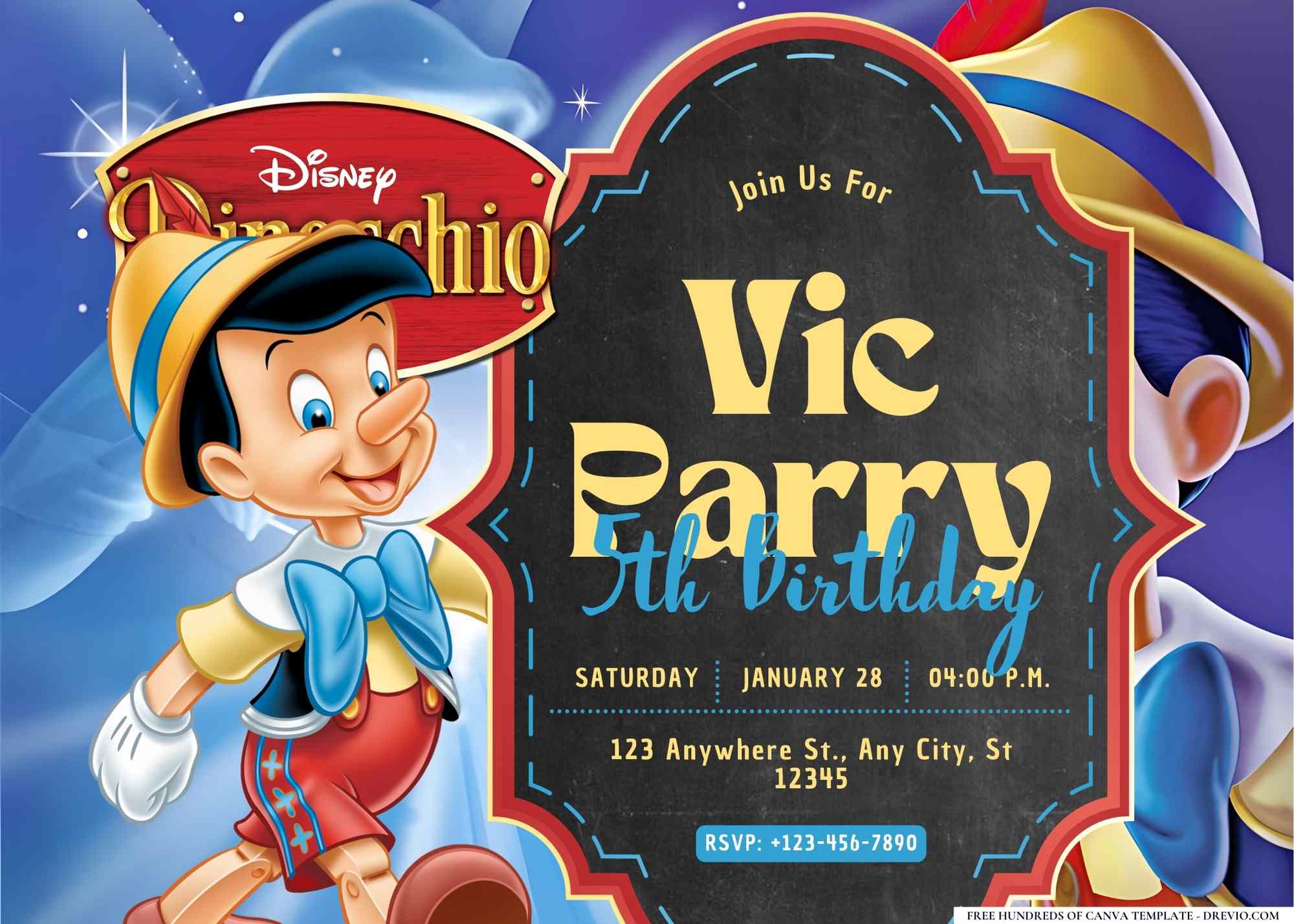 Pinocchio Birthday Party Invitations