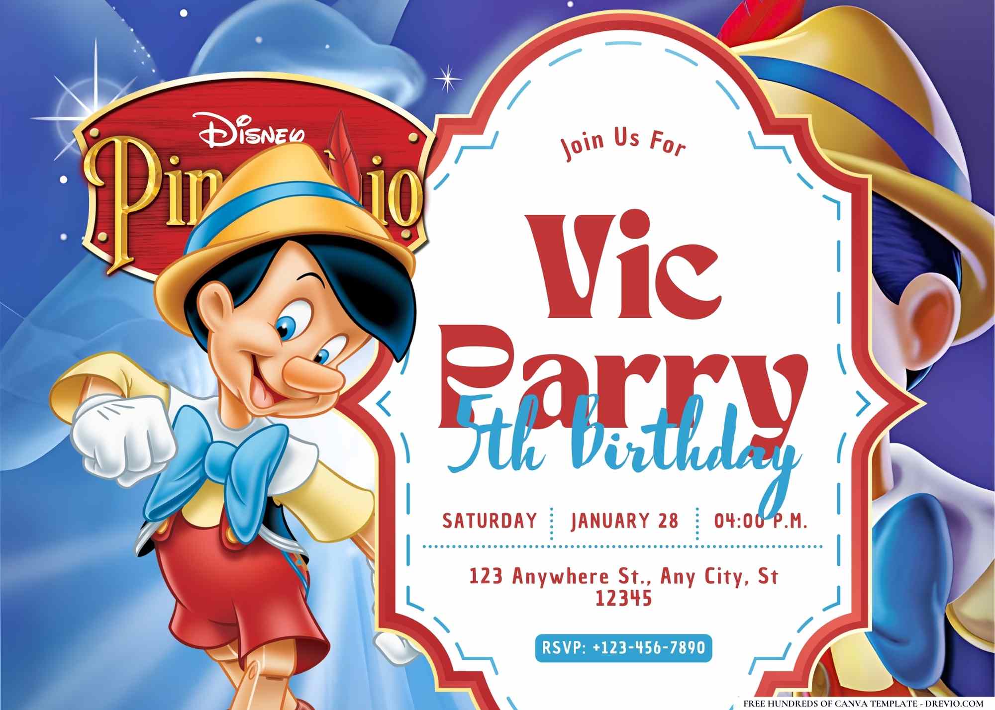 Pinocchio Birthday Party Invitations