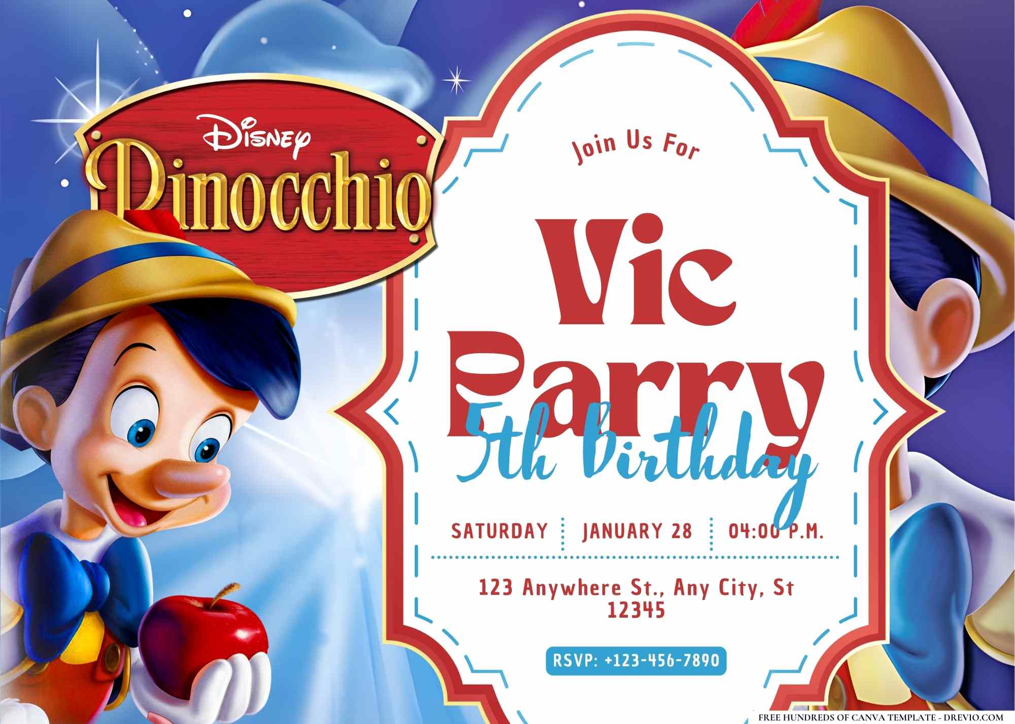 Pinocchio Birthday Party Invitations