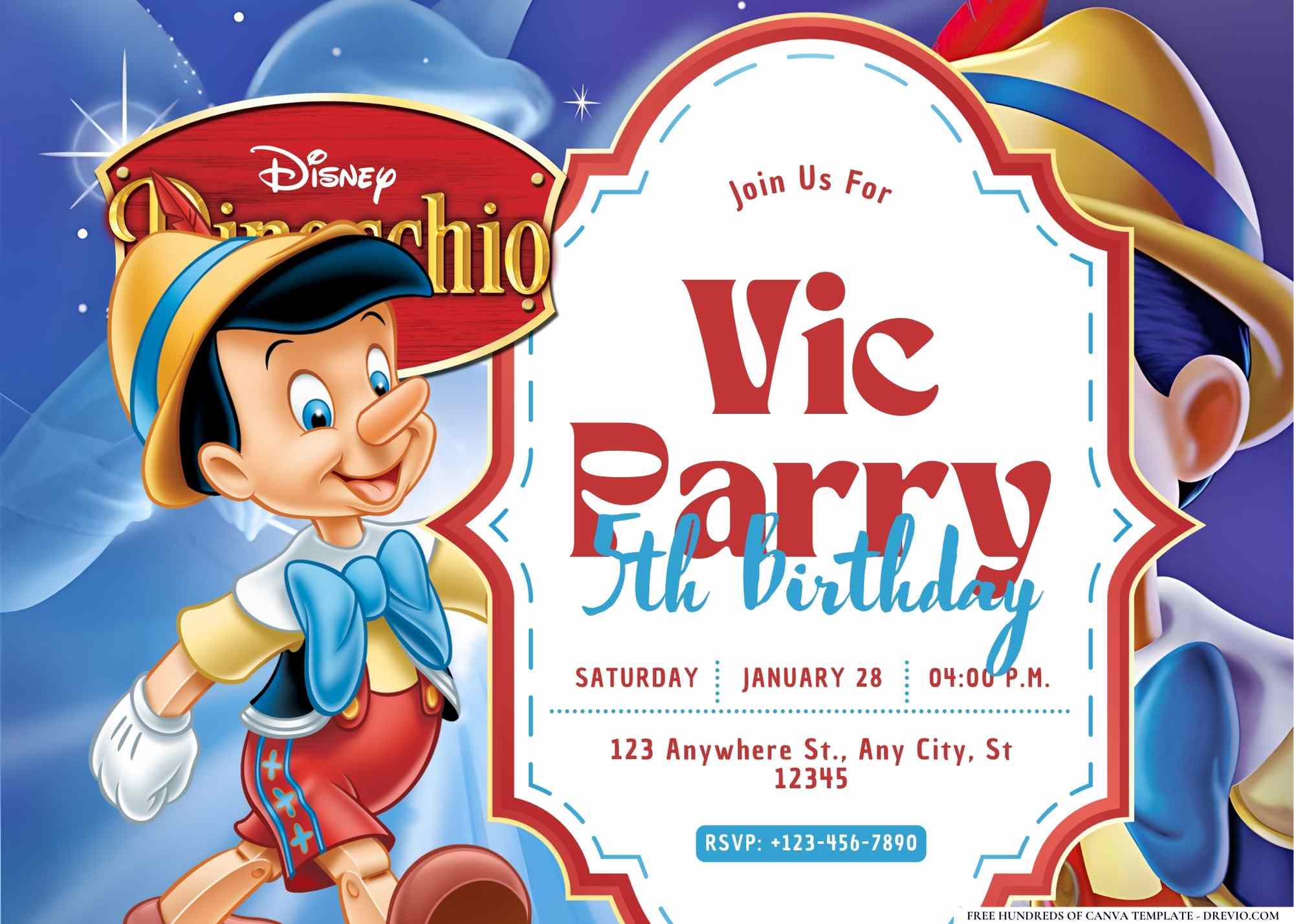 Pinocchio Birthday Party Invitations